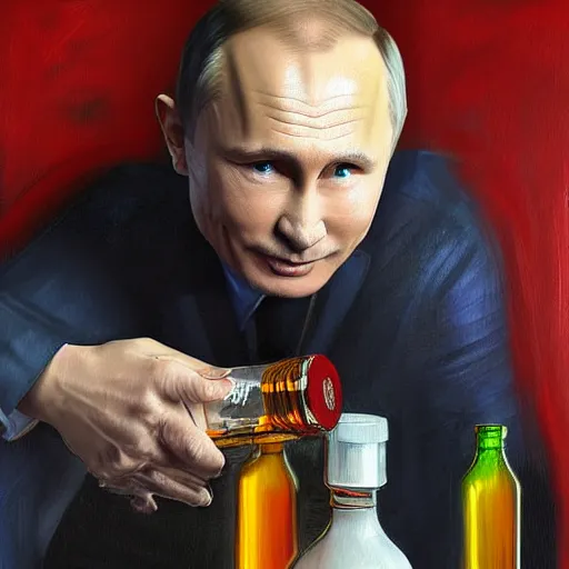 Image similar to putin holding a bottle of alcohol named arak, cinematic, beautiful digital painting, hyper detailed
