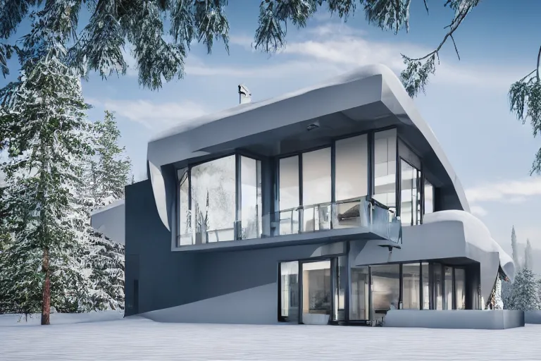 Image similar to modern modern fachwerk house with in the forest on the foot of Elbrus mountain covered by snow on the background, architecture, 3d render 8k , high details