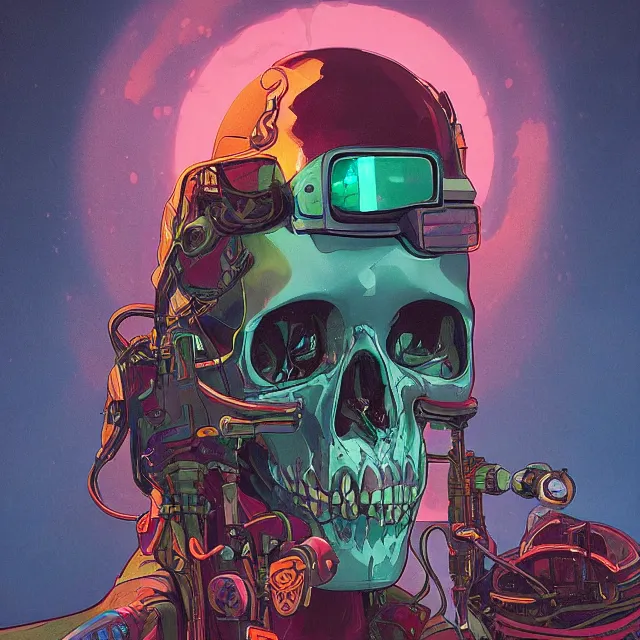 Image similar to a beautiful portrait painting of a ( ( cyberpunk ) ) skull by simon stalenhag! and pascal blanche and alphonse mucha!! and nekro!. in style of digital art. colorful comic, film noirs!, symmetry, hyper detailed. octane render. trending on artstation