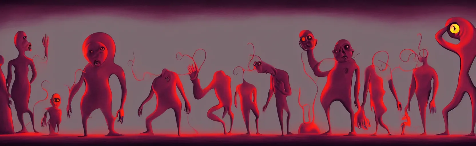 Image similar to uncanny repressed mutants from the depths of a vast wasteland in the collective unconscious, dramatic lighting, surreal dark 1 9 3 0 s fleischer cartoon characters, surreal painting by ronny khalil