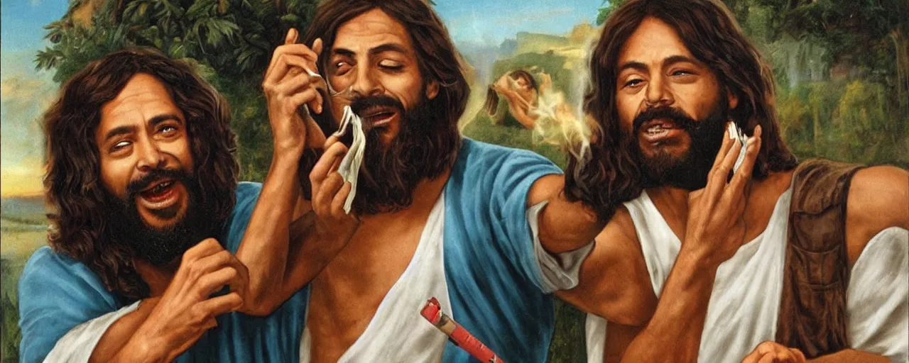 Image similar to jesus christ smoking a blunt, in the style of cheech and chong