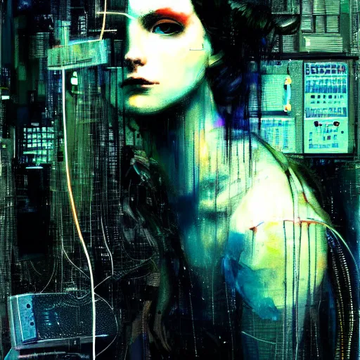 Image similar to beautiful young cybernoir woman vr dreaming in a glitchcore world of wires, and machines, by jeremy mann, francis bacon and agnes cecile, and dave mckean ink drips, paint smears, digital glitches glitchart