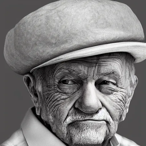 Image similar to realistic renderings of very old man portrait with a hat, astonishing scenes