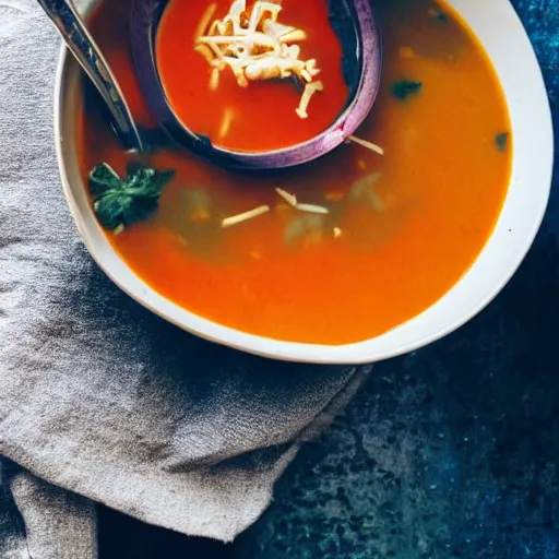 Prompt: a bowl of soup that looks like Mars