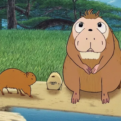 Prompt: still from hayao miyazaki animated movie about a capybara and friends, remastered high definition