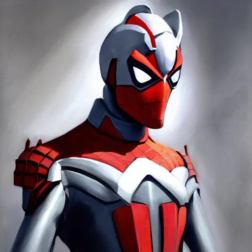 Image similar to greg manchess portrait painting of armored spiderman ultraman grey fox from metal gear cyborg japanese - american hybrid as overwatch character, medium shot, asymmetrical, profile picture, organic painting, sunny day, matte painting, bold shapes, hard edges, street art, trending on artstation, by huang guangjian and ail elvgren and sachin teng