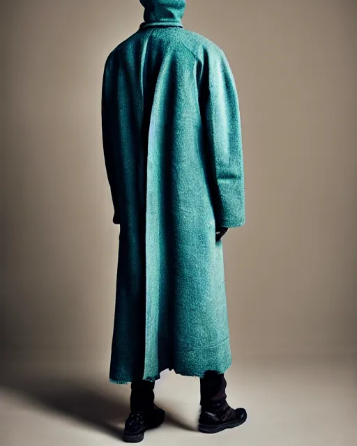 Image similar to an award - winning photo of a male model wearing a baggy teal distressed medieval menswear cropped coat by issey miyake, 4 k, studio lighting, wide angle lens