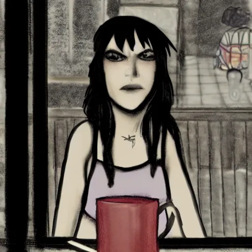 Image similar to death from the'the sandman'waiting for a friend at a cafe, realistic, soft lighting, cute, kindness