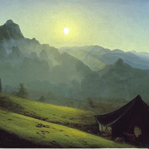 Prompt: mountains above the clouds, village in the mountain, long parallel wooden platforms, tents, colors, misty clouds, sun at dawn, painting by caspar david friedrich