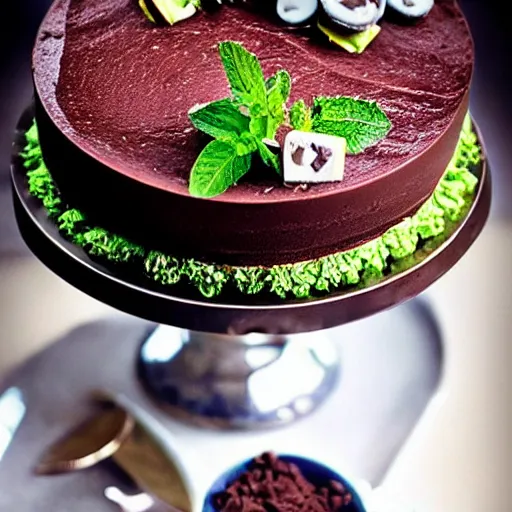 Prompt: “Food photography of “chocolate mint mousse cake” with garnishes, 85mm f1.2, extremely detailed”