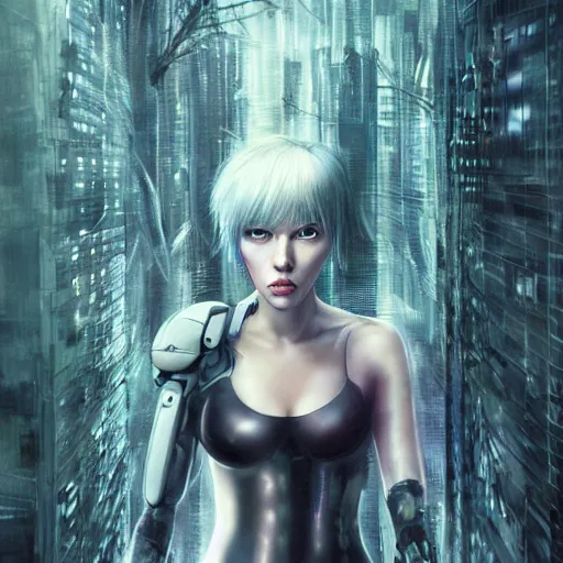 Image similar to scarlett johansson ghost in the shell costume in a spooky forest, hq artwork, coherent, insane detail, concept art, character concept, character full body portrait