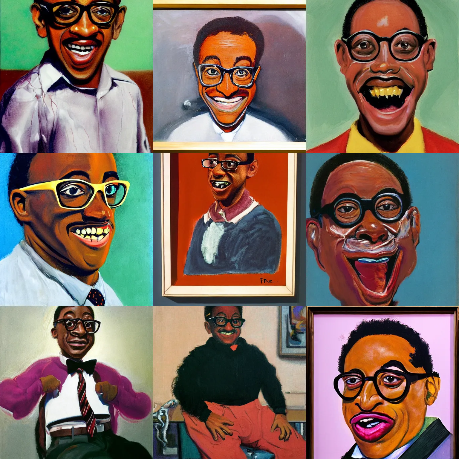 Prompt: A portrait of Steve Urkel, painted by Francis Bacon