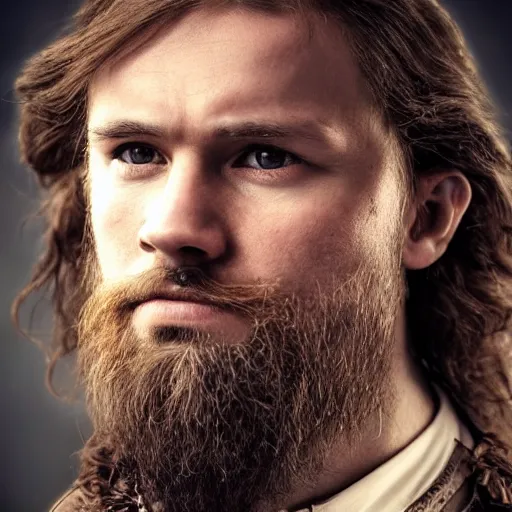 Prompt: hyperrealistic photograph of a brown-haired viking Sherlock Holmes, 8k, profile picture, cinematic, high contrast, epic real fantasy, stoic facial expression, looking at the camera