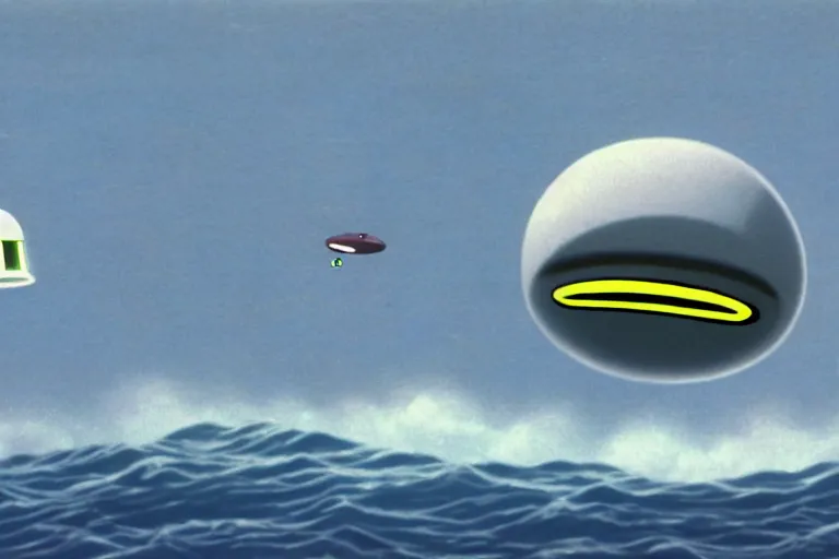 Prompt: tictac shaped ufo flying out of the ocean, uss nimitz tictac ufo incident by studio ghibli, middle of the ocean, tic tac ufo, warship