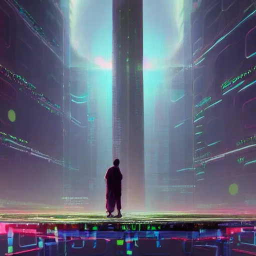Image similar to professional painting of tiny people praying to monumental conscious supercomputer with huge - hologram - head!!!! in the center of endless colossal server room, trending on artstation, cyberpunk, sci - fi, futuristic, by greg rutkowski and maciej kuciara, high quality