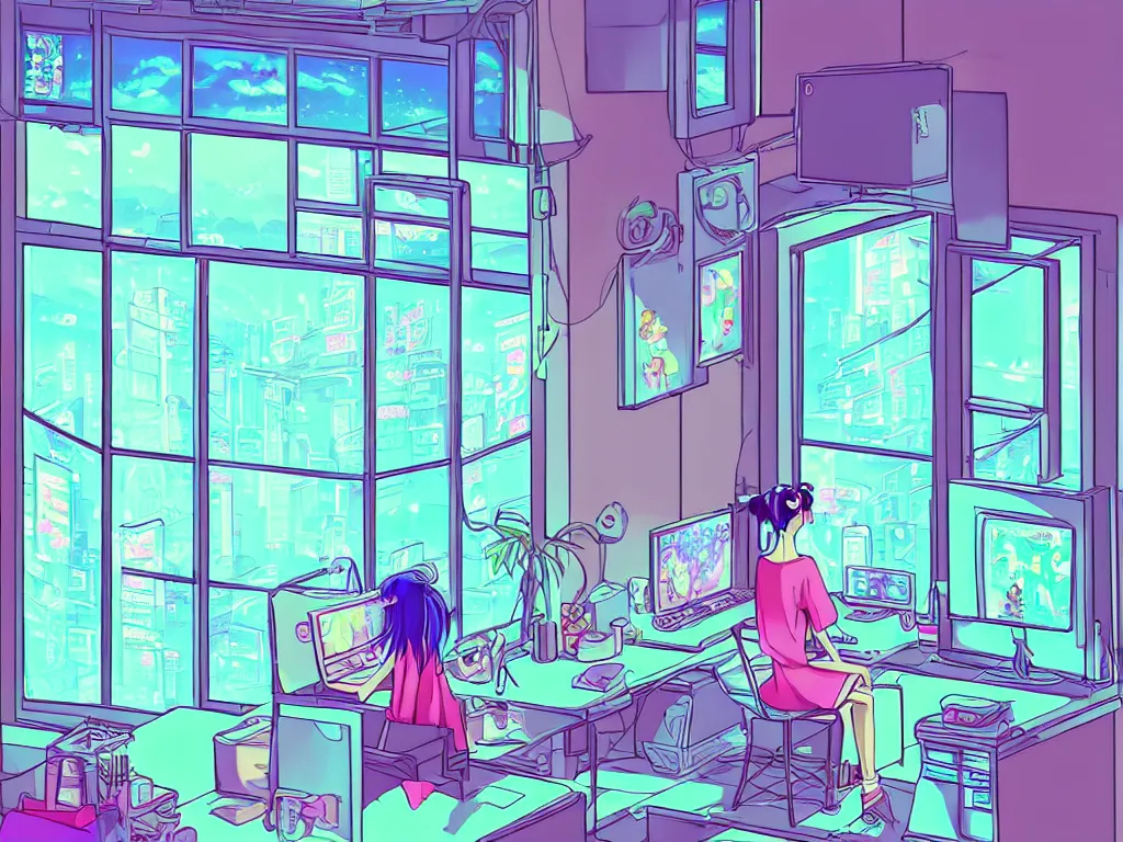Prompt: beautiful drawing of a female in her small apartment sitting at her computer desk which is in front of a window which looks out to the neon cyber city, style vaporware cartoon japan, low - fi, pet cat, chillout scene, kawaii anime manga style, illustration, aesthetic, neon pastel, in the style of bryce kho and hayao miyazaki and ghibli