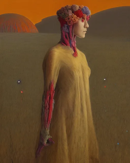 Prompt: A portrait of a woman wearing clothes made out of dying flowers, nuclear explosion in the background, Masterpiece, red skin, glowing, wires everywhere, by Edgar Maxence and Ross Tran, Zdzisław Beksiński, and Michael Whelan, distant, gustav dore, H.R. Giger, 8k, octane render