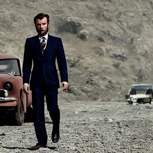 Image similar to kurdish capitalist wearing a suit, dressed smart, in a movie directed by christopher nolan, movie still frame, promotional image, imax 7 0 mm footage