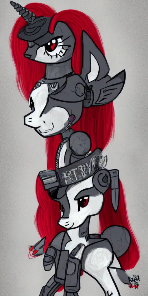 Image similar to Fallout Equestria Project Horizons | Blackjack Character Fanart | White MLP Unicorn Mare with red and black shaggy hair, and bright, robotic eyes. | Cutie Mark is: Ace and Queen of Spades | Trending on ArtStation, Digital Art, MLP Fanart, Fallout Fanart | Blackjack sitting and looking depressed at the viewer | Hyperrealistic CGI Photorealistic Cyborg Unicorn