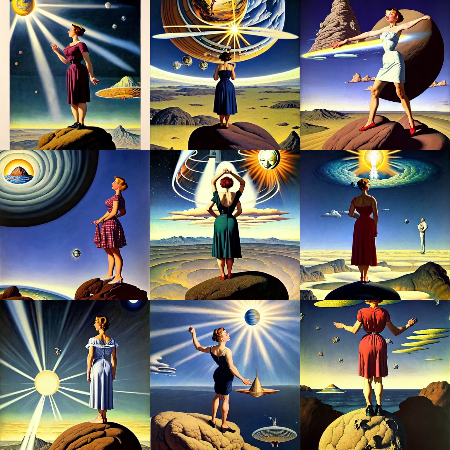 Prompt: a 1 9 5 0 s woman standing on a rock watching the mothership land by rob gonsalves and brom and norman rockwell and lucian freud and gil elvgren, hyperrealism, precisionism, art deco, surrealist, chiaroscuro, sunburst behind woman, highly detailed