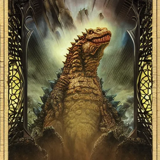 Image similar to portrait of godzilla made with porcelain by Jeff Easley and Peter Elson + beautiful eyes, beautiful face + symmetry face + border and embellishments inspiried by alphonse mucha, fractals in the background, galaxy + baroque, gothic, surreal + highly detailed, intricate complexity, epic composition, magical atmosphere + masterpiece, award winning + trending on artstation