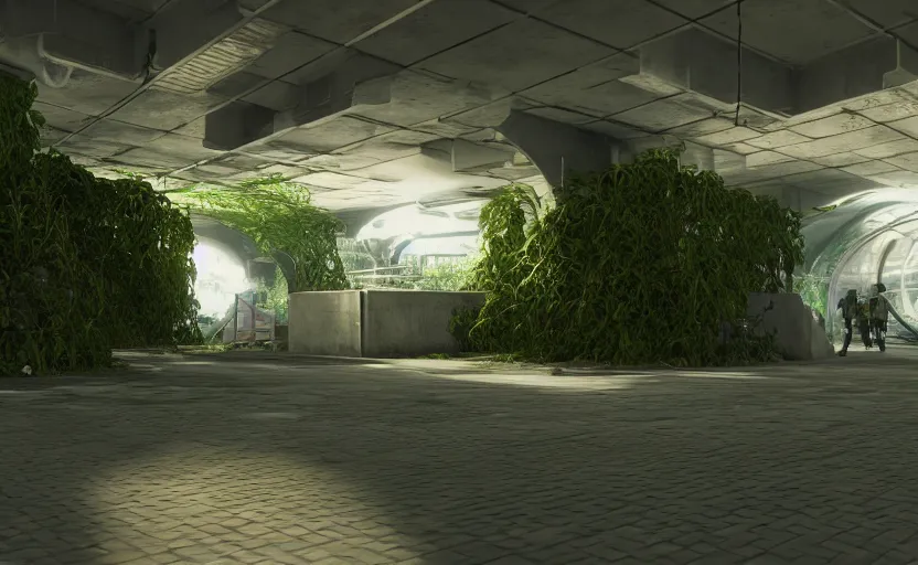 Image similar to in-game screenshot of hazmat scientists on unreal engine 5, in a liminal underground garden, photorealistic, retrofuturism, brutalism, staggered terraces, minimalist, soft vintage glow