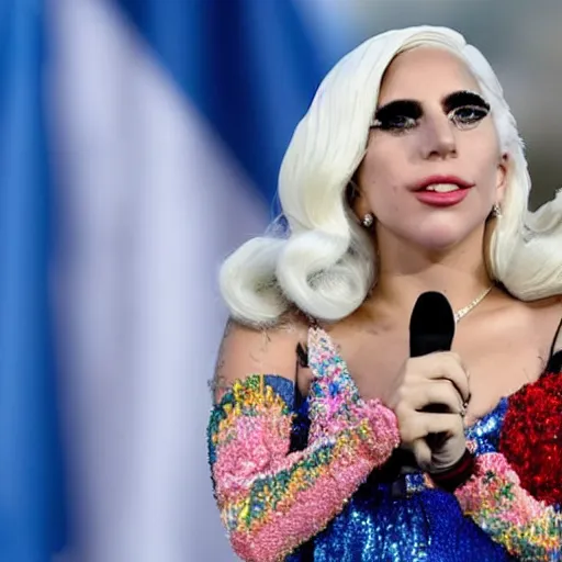 Image similar to Lady Gaga as president, Argentina presidential rally, Argentine flags behind, bokeh, giving a speech, detailed face, Argentina