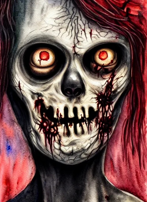 Image similar to zombie hollywood professional acting headshot, hyperrealism, intricate detailed, studio lighting, charming expression gesicht, watercolor art, drawn and painted, colored layers, dulled contrast, exquisite fine art