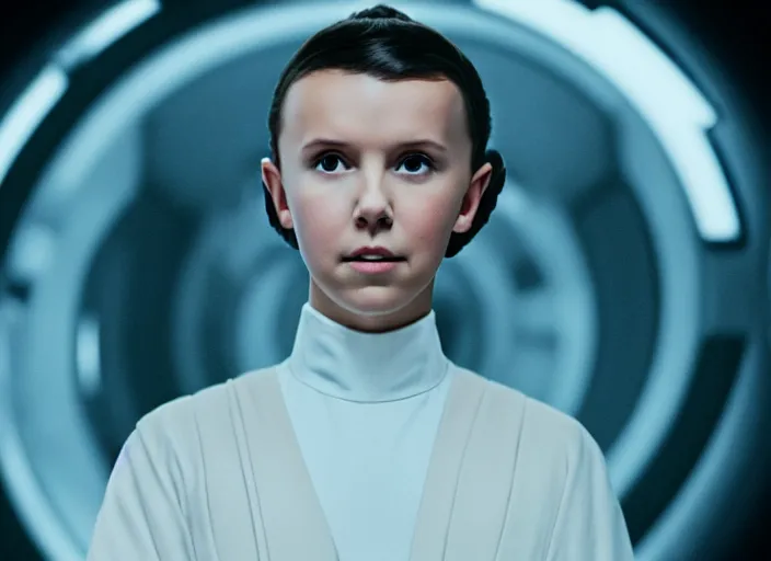 Prompt: film still of!!!! millie bobby brown!!! as princess leia in star wars movie, closeup portrait, wearing long white robe, deep focus, exploring interior of a spaceship, glamour pose, dramatic lighting, octane, mist, volumetric lighting, 8 k