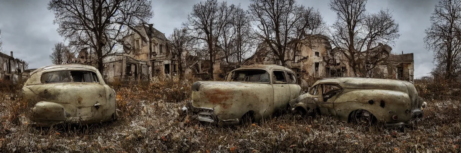 Prompt: low wide angle shot of dilapidated fallout 5 europa, retro futuristic overgrown euro rural town, desolate, dilapidated houses, few rusted retro futuristic vintage parked vehicles like cars, one shiny vintage motor, volumetric lighting, photorealistic, daytime, autumn, cold sunny weather, sharp focus, ultra detailed, 4 2 0 0 k