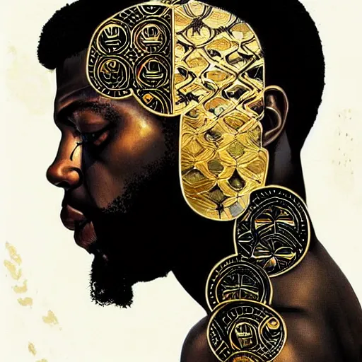 Prompt: side profile of a black man :: in ocean intricate details :: gold :: dark and horror :: by vikings and Sandra Chevrier