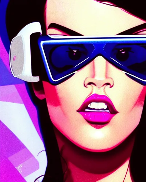 Image similar to closeup beautiful retro future megan fox wearing augmented reality goggles, glamour pose, jetsons, windblown dark hair, seductive, hyper detailed, digital art, studio lighting, smooth, ambient volumetric lighting, sharp focus, dan mumford, alphonse mucha, patrick nagle, 1 9 8 6, gta v, synthwave