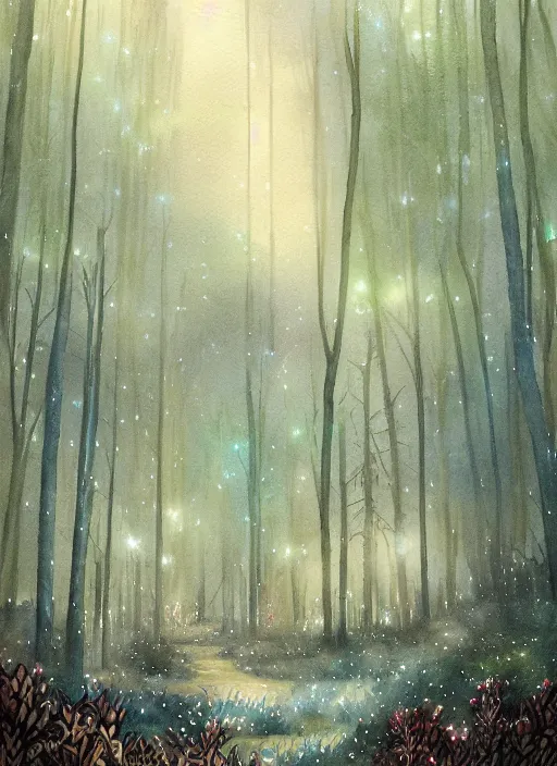 Image similar to pipe organ forest with fairy lights, light ground fog, river, detailed fantasy watercolor comic style, subtle colors, by tony sart