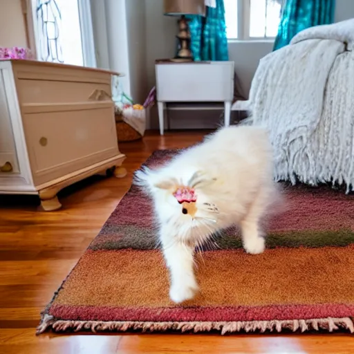 Image similar to cream color maine coon cat chasing a cat-toy-ball in a sunlit bedroom, hardwood floors with a colorful tattered old throw rug, bay window sofa in the background, fun, energetic, amusing, cute, funny, by Jeff Easley
