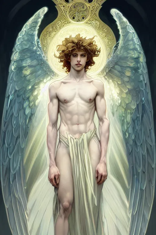 Image similar to a beautiful young fit male angel with curly blond hairs, dressed with fluent clothes, majestic symmetrical wings, luminous halo, by greg rutkowski and alphonse mucha, d & d character, gradient white to gold, in front of an iridescent background, highly detailed portrait, digital painting, artstation, concept art, smooth, sharp focus illustration, artstation hq