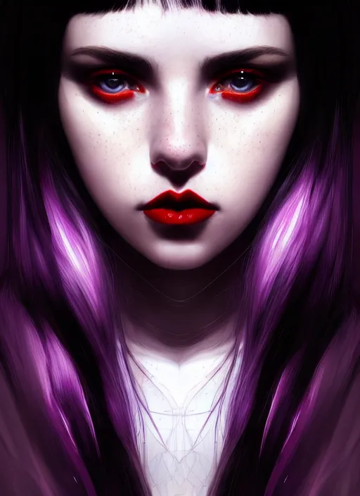 Image similar to portrait of teenage girl, red irises, red eyes, black hair, white bangs, purple lipstick, white bangs, bangs, black hair and white bangs, intricate, elegant, glowing lights, highly detailed, digital painting, artstation, concept art, smooth, sharp focus, illustration, art by wlop, mars ravelo and greg rutkowski