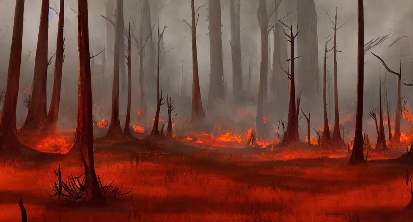 Image similar to a barren lifeless forest with burned trees concept art by Doug Chiang cinematic, realistic painting, high definition, very detailed, extremely high detail, photo realistic, concept art, red color palette, the Mandalorian concept art style