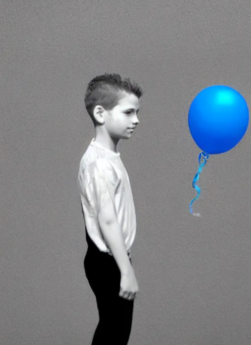 Image similar to a side profile of a boy holding a single blue balloon on a concrete background in the style of Banksy, graffiti, digital art