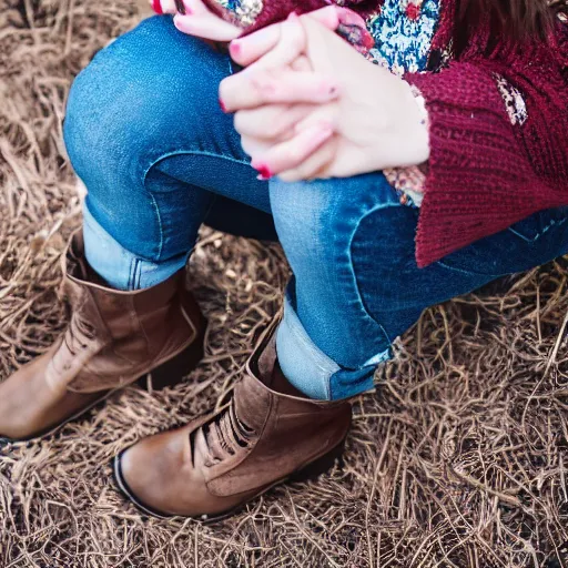 Image similar to young woman in her 20s, she wears boots, its spring, photography, very detailed face, full body shot