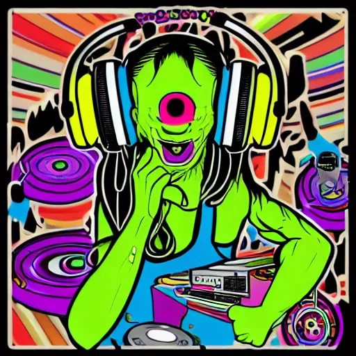 Image similar to svg sticker of a Pop-Wonder Alien-Bog-Monster-Swamp-Rat-Thunder-Coot-Racing-Fan at a rave, spinning records, giant headphones rocking out, wearing headphones, huge speakers, dancing, rave, DJ, spinning records, digital art, amazing composition, rule-of-thirds, award-winning, trending on artstation, featured on deviantart