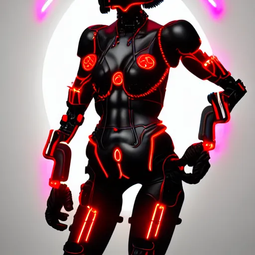 Image similar to cybernetic female warrior with glowing red heaphones and glowing red intricate sigils of death covering her body, intricate detail, finely detailed, small details, extra detail, trending on artstation, high resolution, 3D