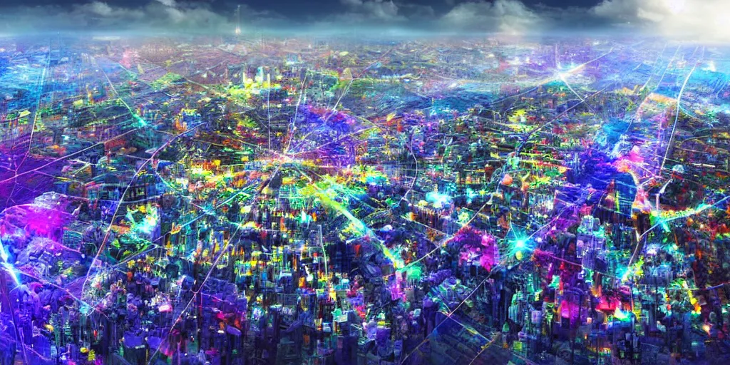 Image similar to City on Prism World, city inside of a crystal made of transparent prisms, fantasy world inside of a crystal, roads of light, rainbow colors, detailed matte painting, fantasy landscape, hyperrealistic