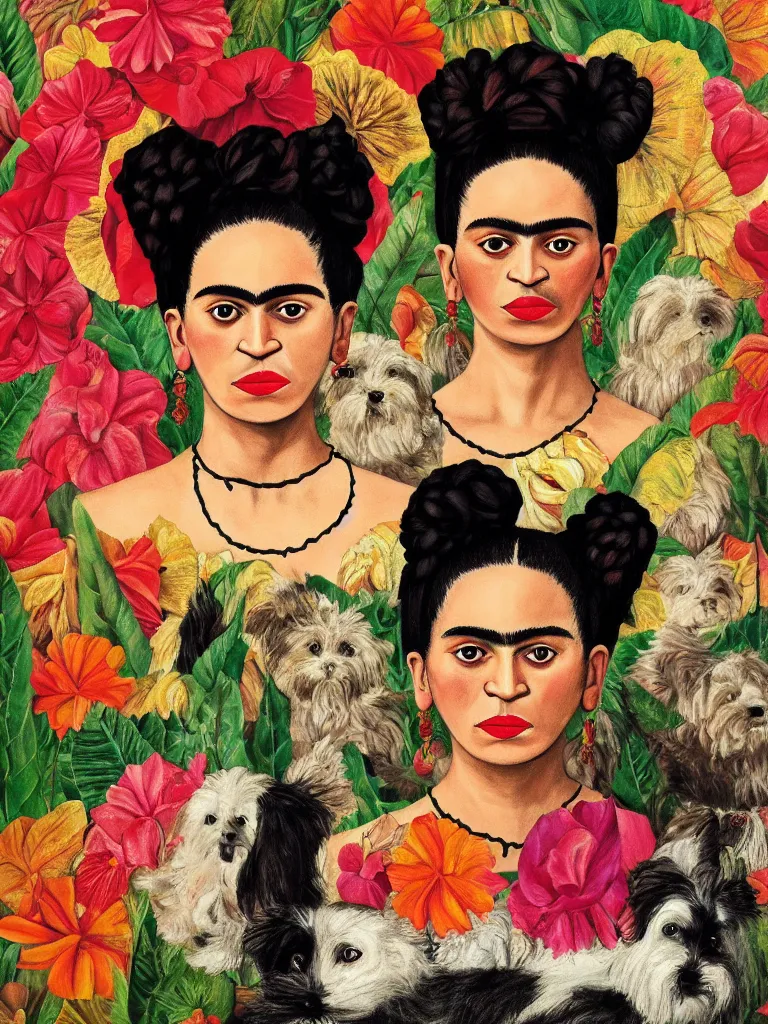 Image similar to portrait of a cream colored havanese dog as frida kahlo, surreal background, by frida kahlo