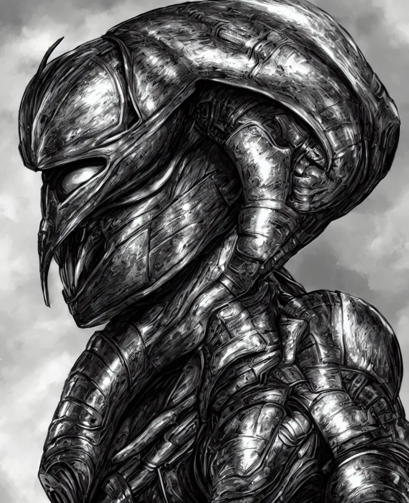 Image similar to a hero portrait of an alien creature with highly detailed features wearing heavy armor, dramatic rim lighting