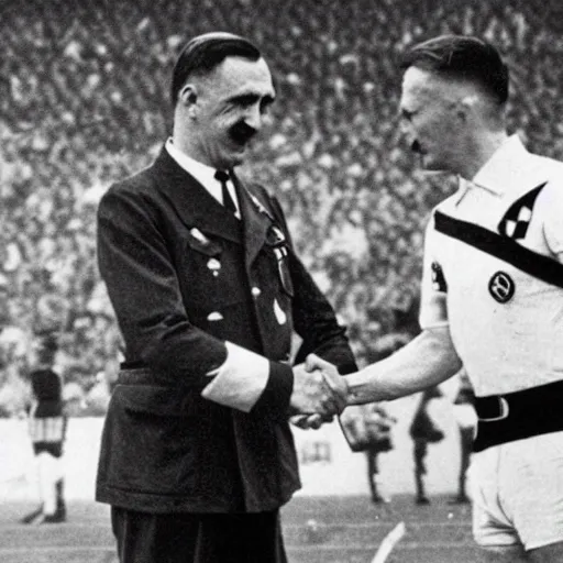 Prompt: modern press photograph of robert lewandowski shaking hands with adolf hitler during a football match