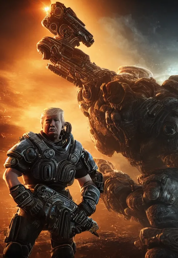 Image similar to Portrait of Donald Trump as emperor of humanity in Gears of War, splash art, movie still, cinematic lighting, dramatic, octane render, long lens, shallow depth of field, bokeh, anamorphic lens flare, 8k, hyper detailed, 35mm film grain