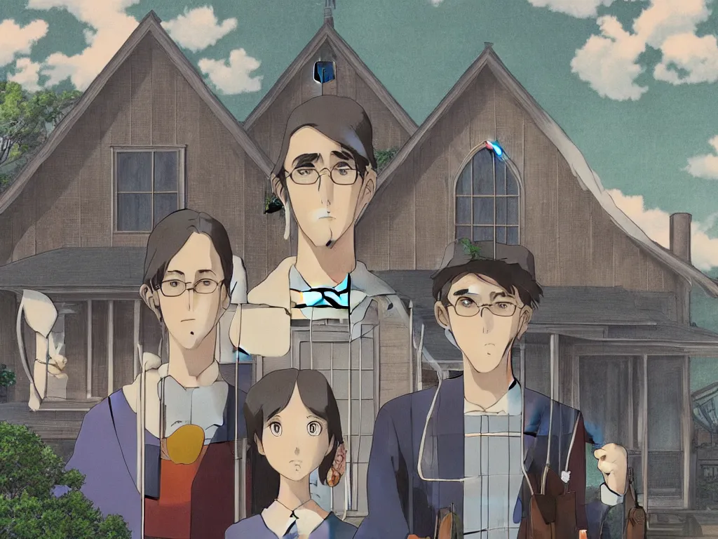 Image similar to american gothic in detailed studio ghibli anime style