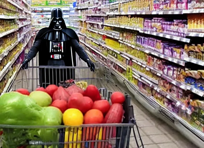 Image similar to film still of Darth Vader goes grocery shopping in the new Star Wars movie, 4k