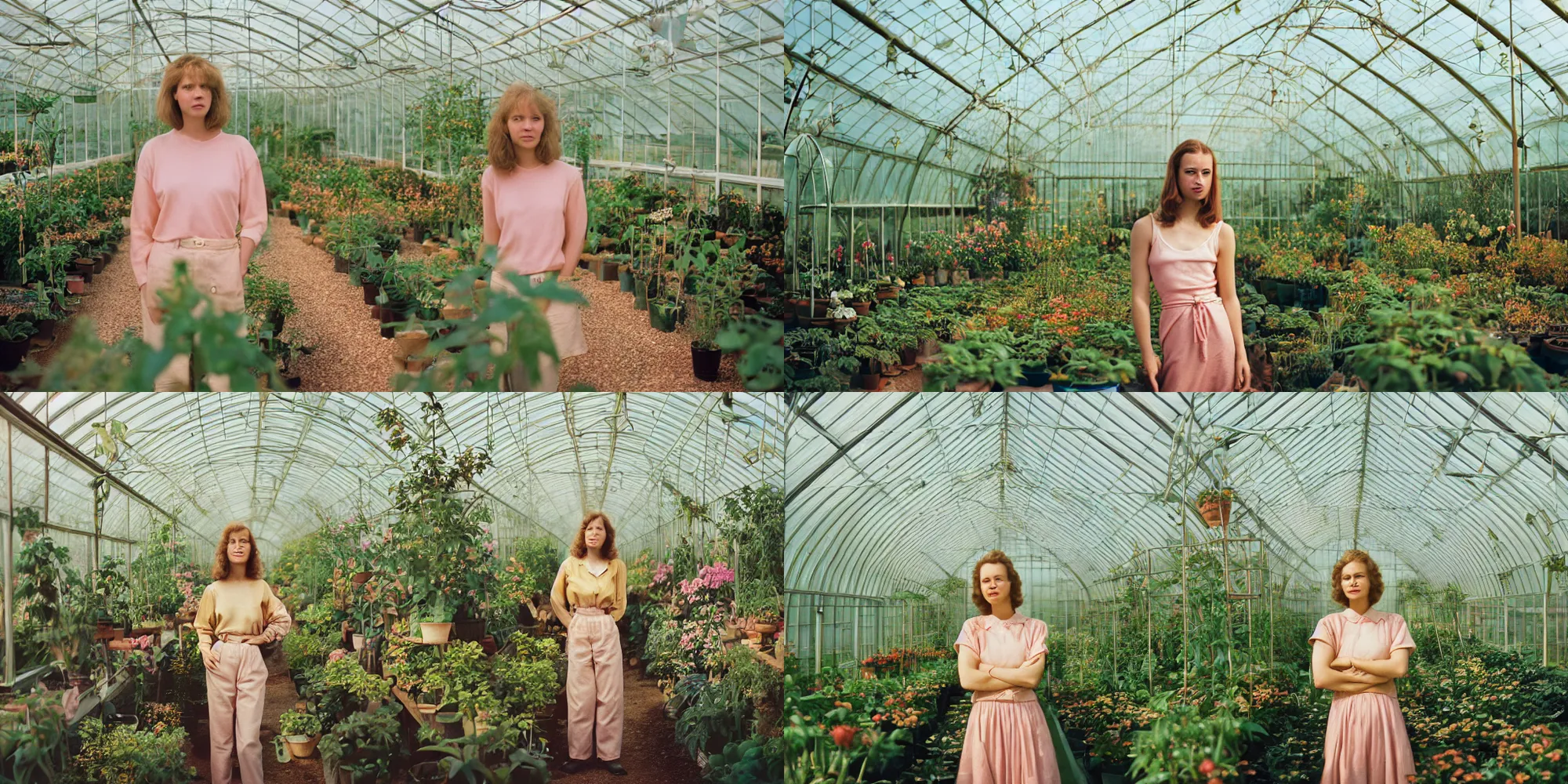 Prompt: photograph of a beautiful!! woman inside a greenhouse! by mark owen. pastel colors. portra 4 0 0 film. mamiya 7. highly detailed. hq. photoreal. golden hour. raw. in - frame