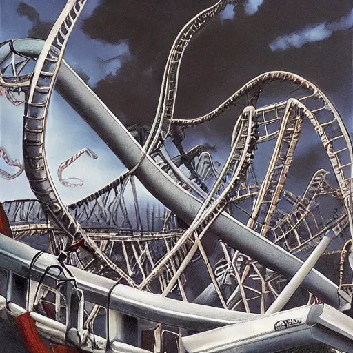 Image similar to photo of a roller coaster with a apocalyse theme by gerald brom